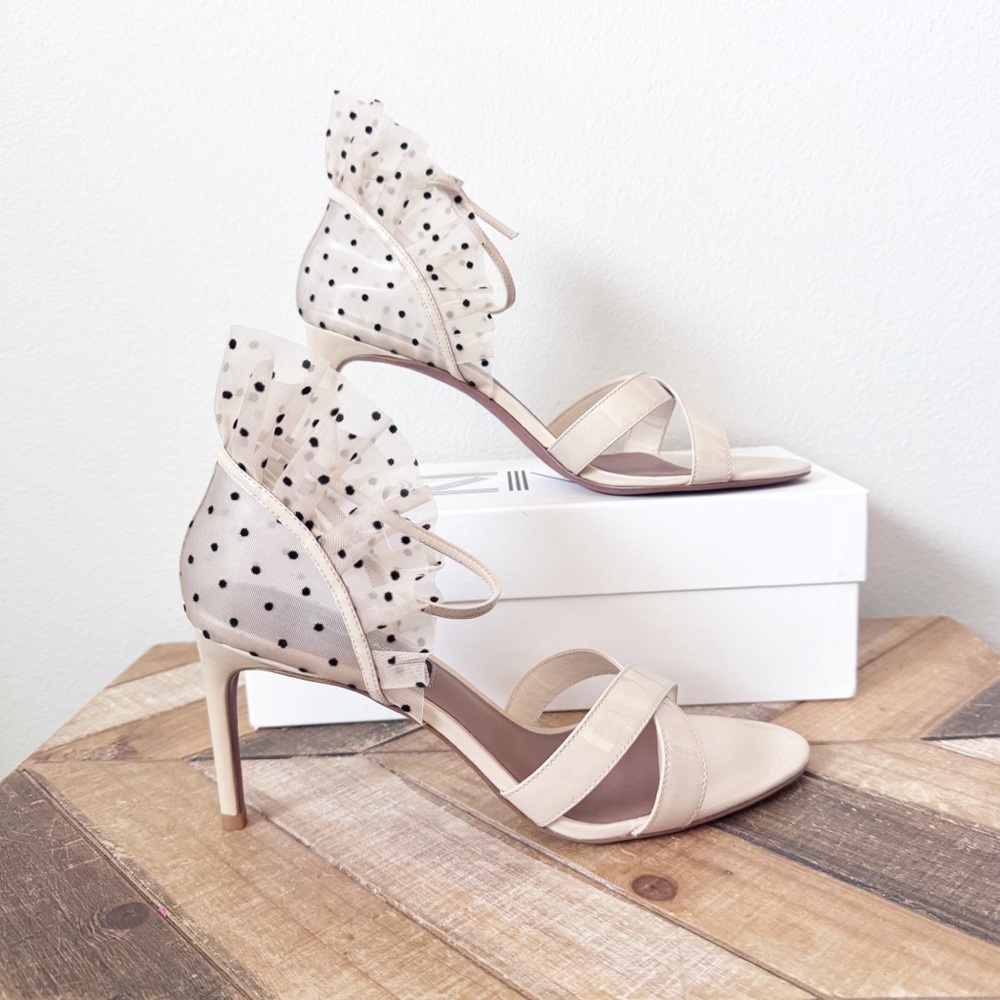 BCBGMaxazria Stella Sandal Cream Ruffle Polka Dot Heels - Picture 3 of 14